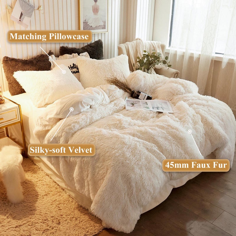 XeGe Plush Shaggy Duvet Cover Set  Luxury Ultra Soft Crystal Velvet Fluffy Bedding Sets 2 Pieces(1 Faux Fur Furry Comforter Cover + 1 Fuzzy Faux Fur Pillowcase)  Zipper Closure(Twin  Light Beige) - Image 2